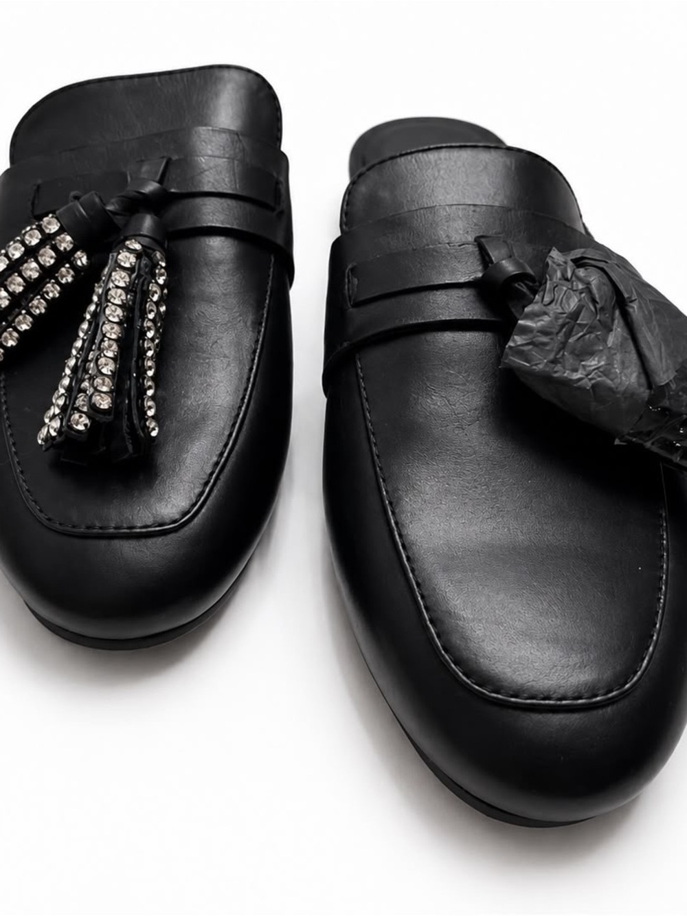 Kurt Geiger Black Tassel Loafers with Crystal Embellishments